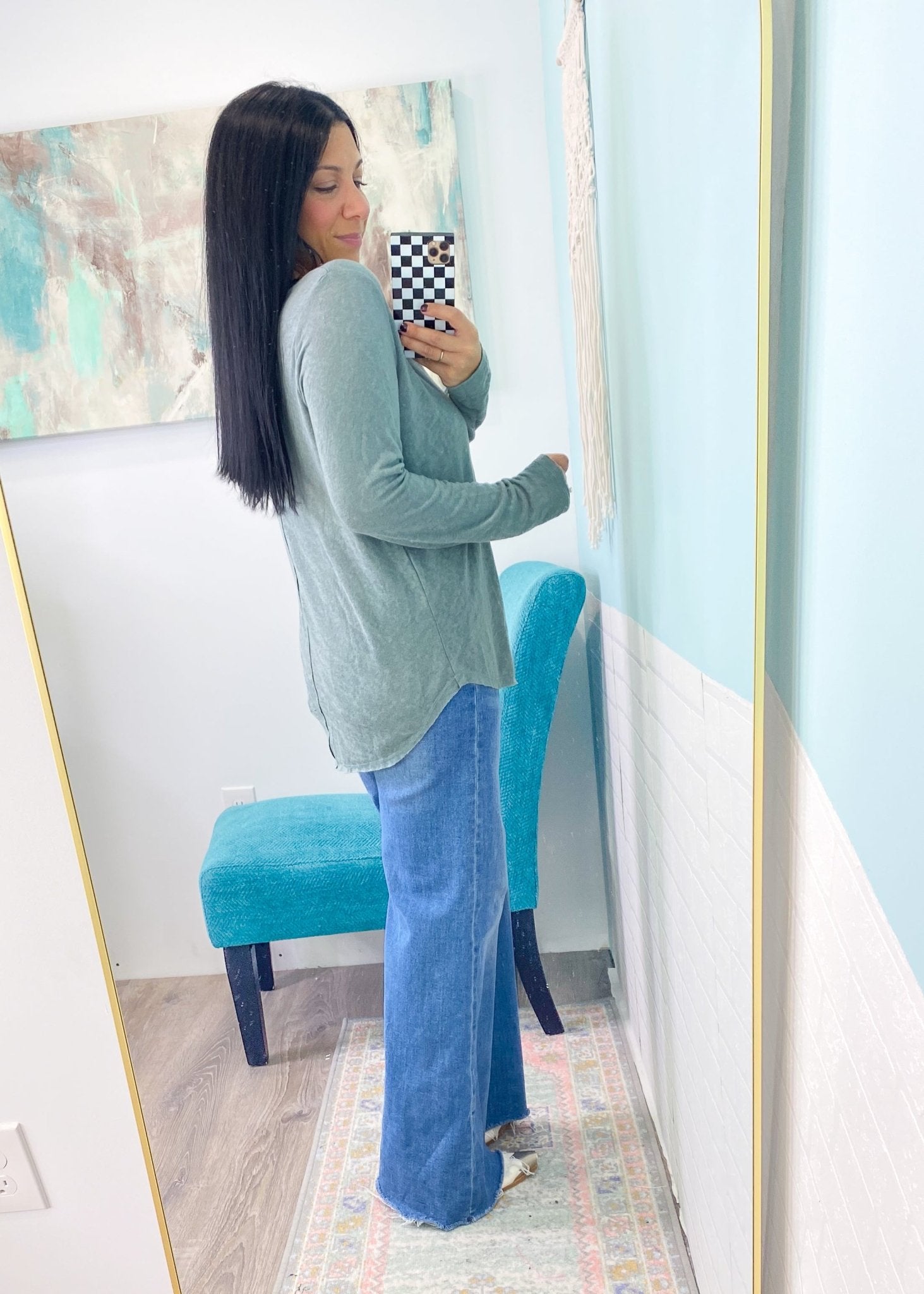 'Kaley' Sage V - Neck Long Sleeve Slub Tee - Cali Moon Boutique