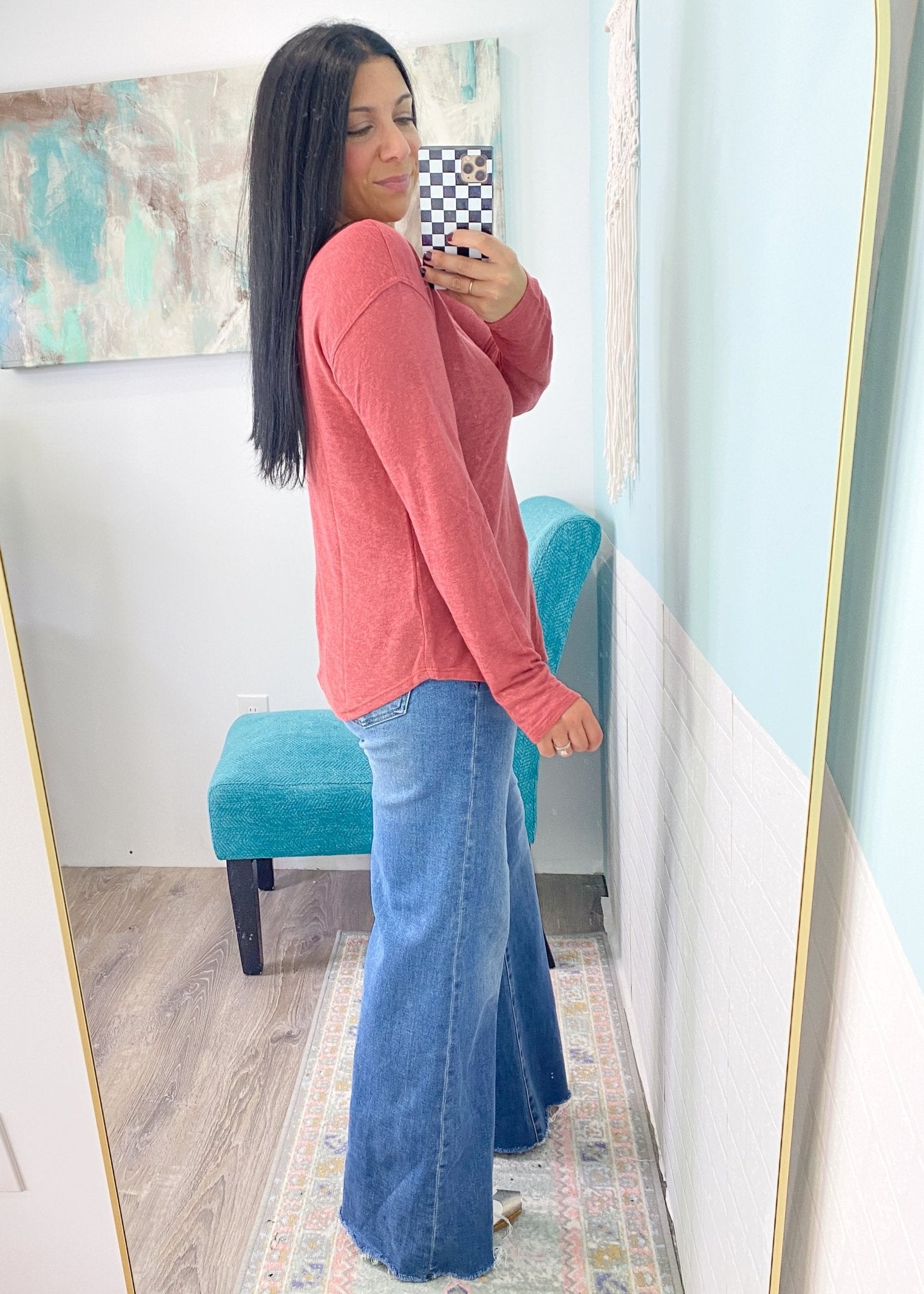 'Trisha' Marsala Round Neck Long Sleeve Slub Soft Tee - Cali Moon Boutique