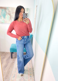 'Trisha' Marsala Round Neck Long Sleeve Slub Soft Tee - Cali Moon Boutique