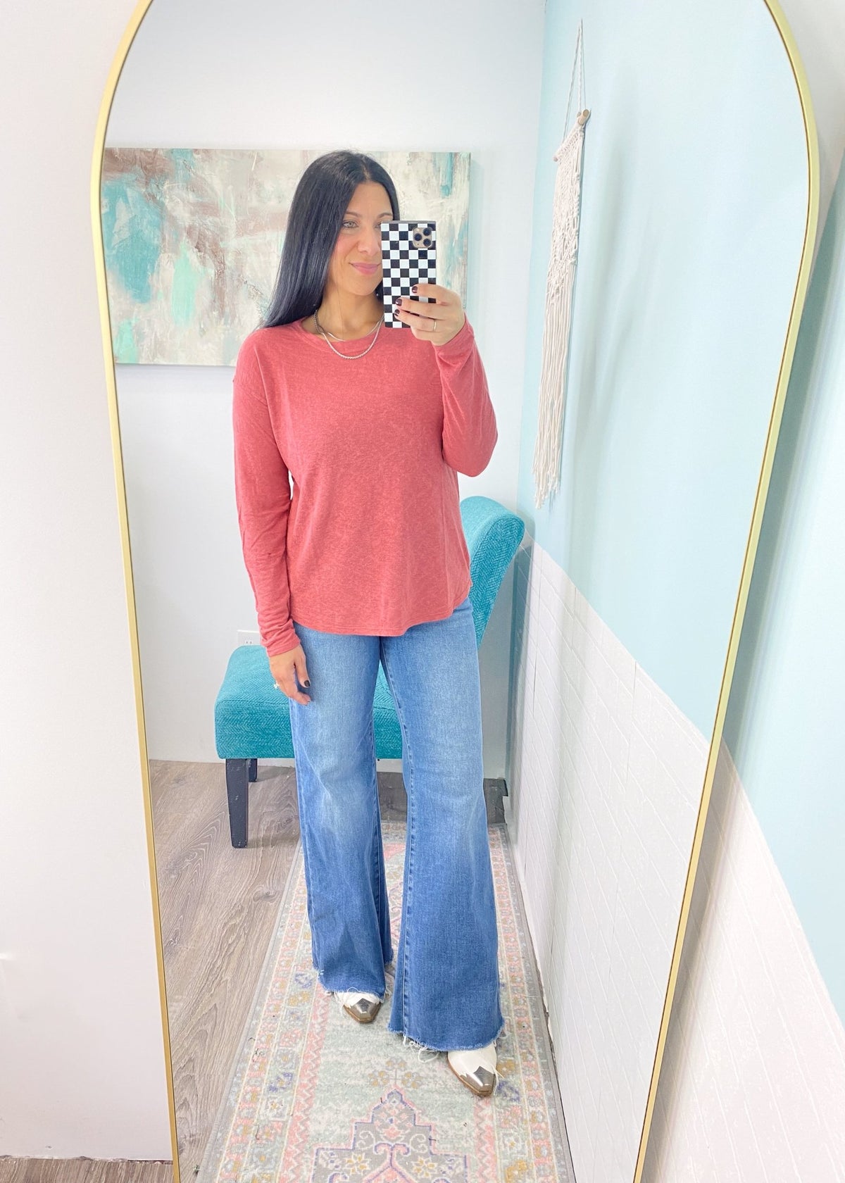 'Trisha' Marsala Round Neck Long Sleeve Slub Soft Tee - Cali Moon Boutique
