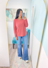'Trisha' Marsala Round Neck Long Sleeve Slub Soft Tee - Cali Moon Boutique