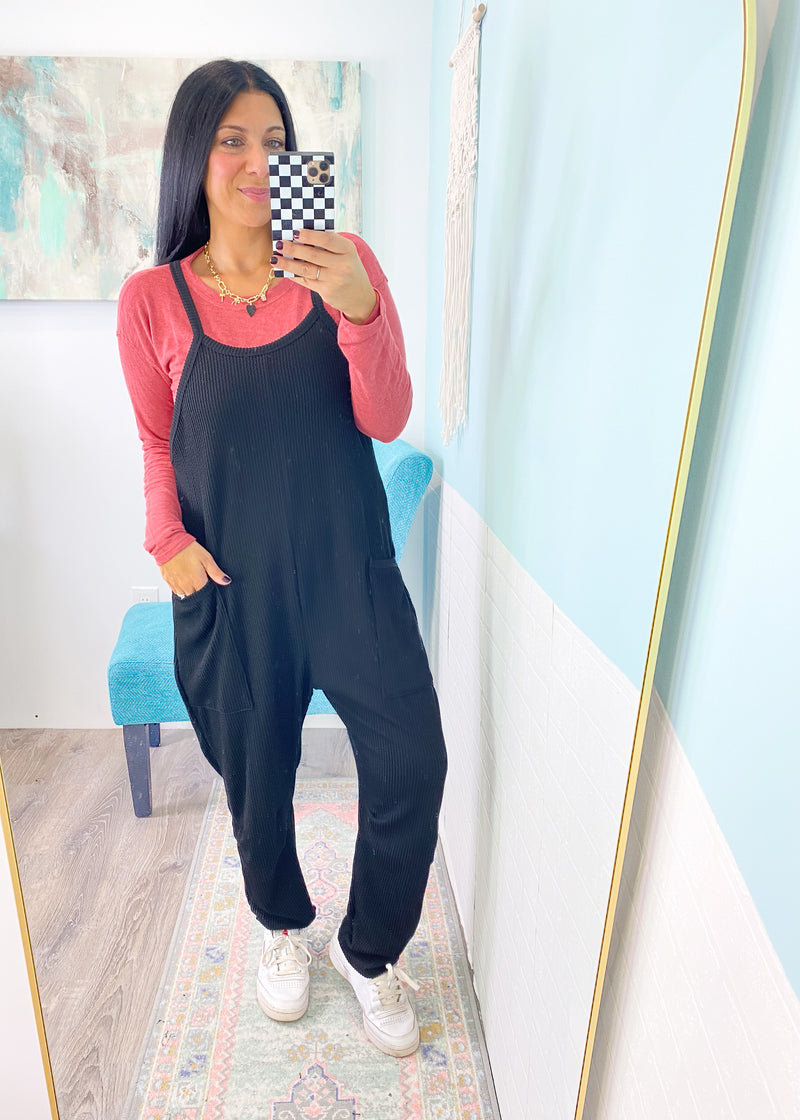 'Weekend Vibes' Black Ribbed Slouchy Knit Jumpsuit-This sweater is as easy as (a fall) pie to throw on and go at any time! The slouchy fit gives you the cozy fall vibes everytime. Wear with leggings, denim, skirts or shorts depending on the occasion!-Cali Moon Boutique, Plainville Connecticut