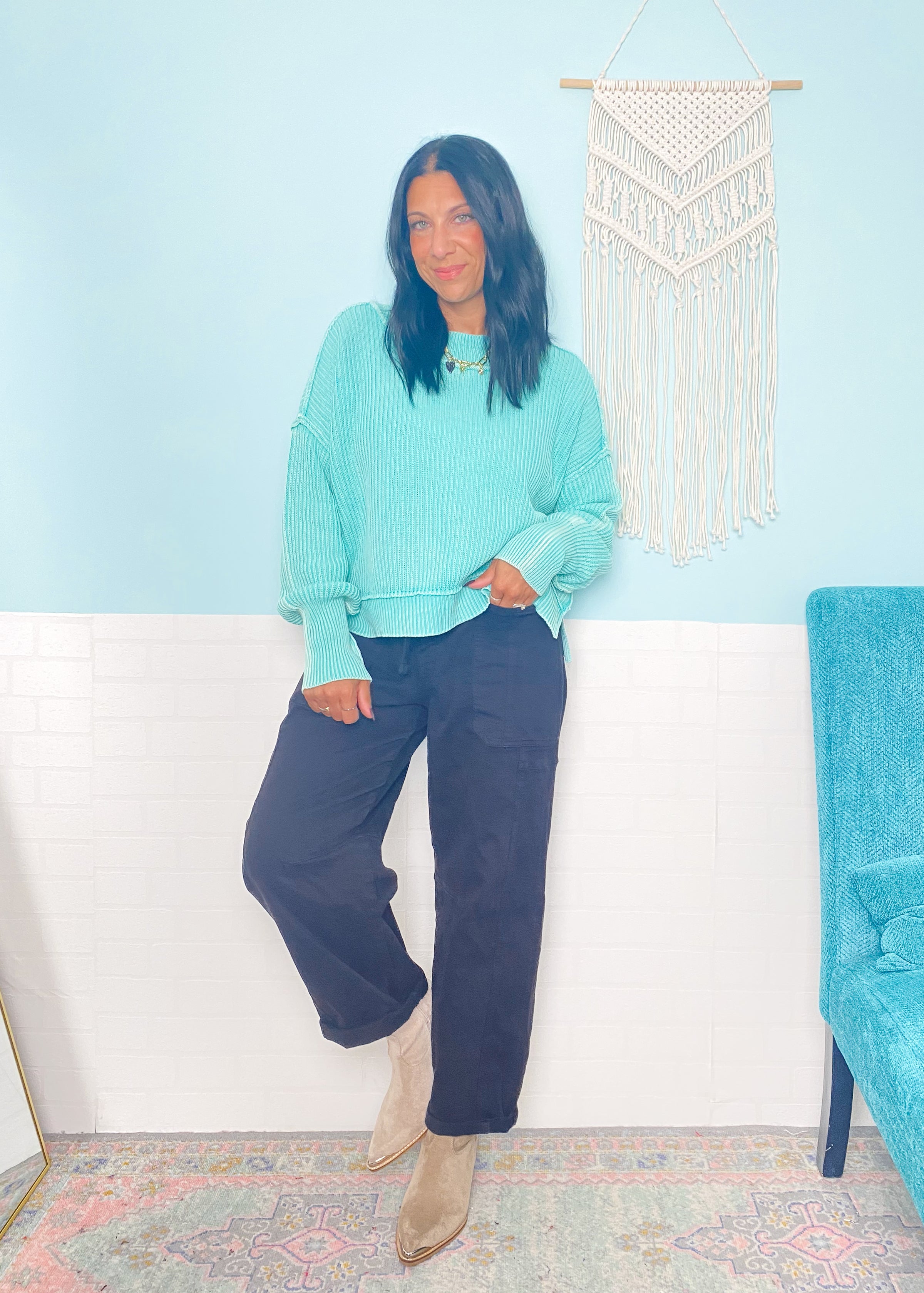 'Ocean Mist' Mint Ribbed Oversized Semi Crop Sweatshirt