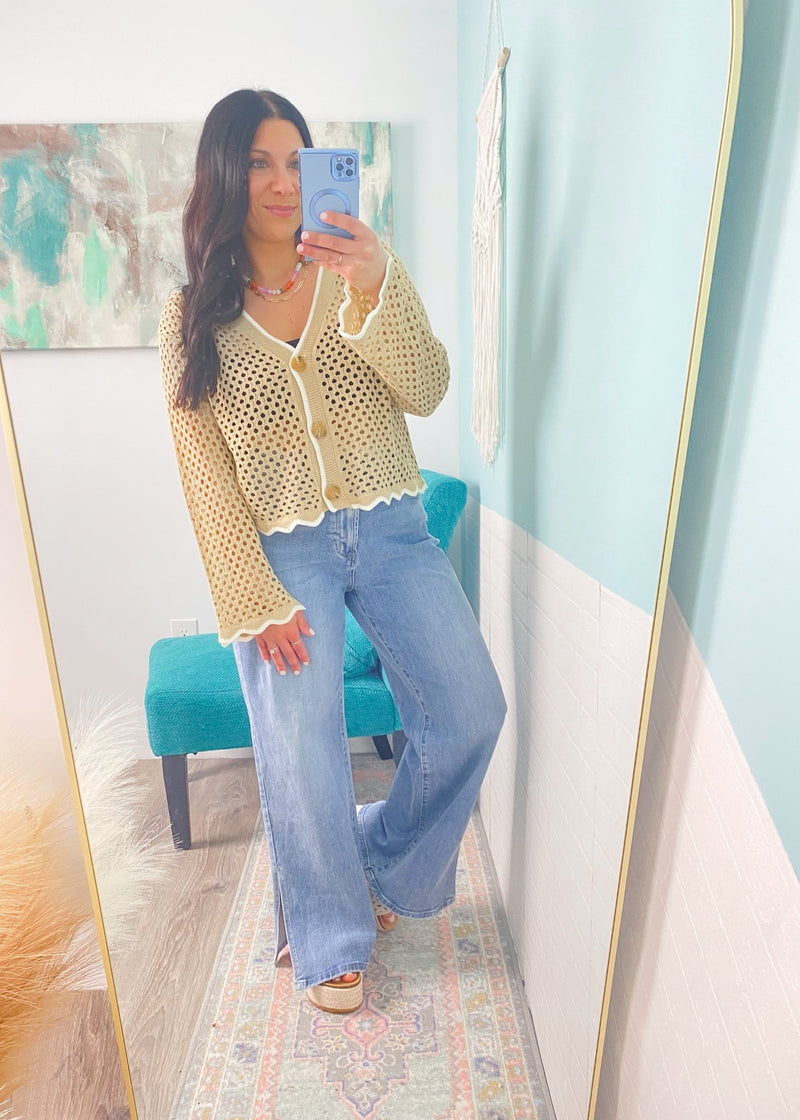 'Through the Looking Glass' Taupe/White Open Knit Semi Cropped Cardigan - Cali Moon Boutique