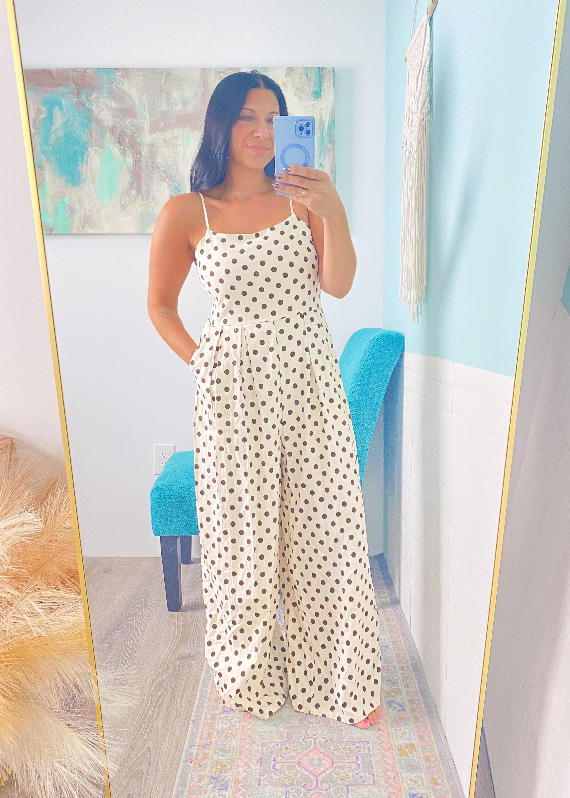'Harbor Stroll' Cream and Brown Polka Dot Jumpsuit