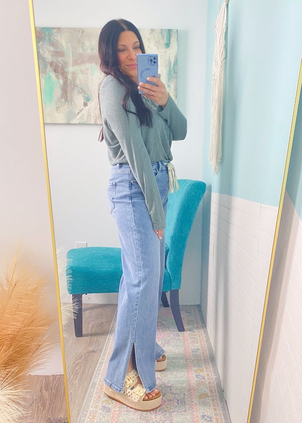 'Y2K' Wide Leg Comfort Stretch Jeans with Side Slits and Drawstring Detail - Cali Moon Boutique