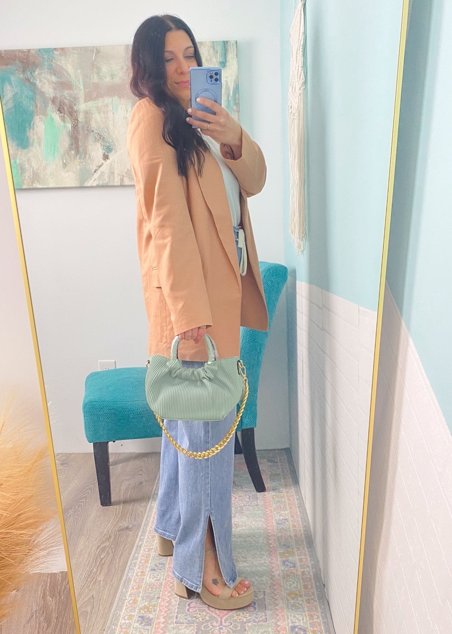 Sage Faux Leather Accordion Mini Bag with Chain Link Strap - Cali Moon Boutique