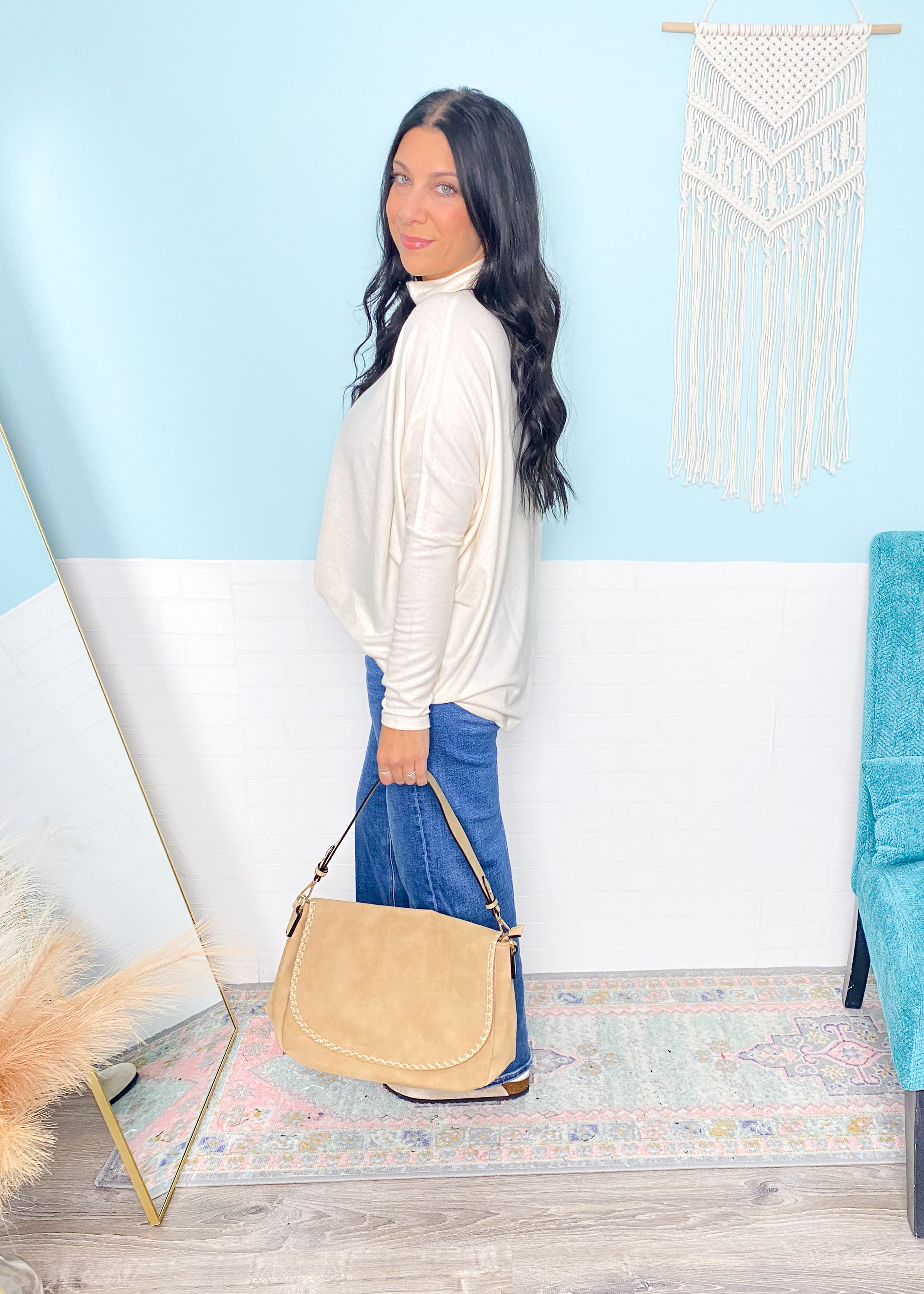 'Esther' Cream Mock Neck Draped Knit