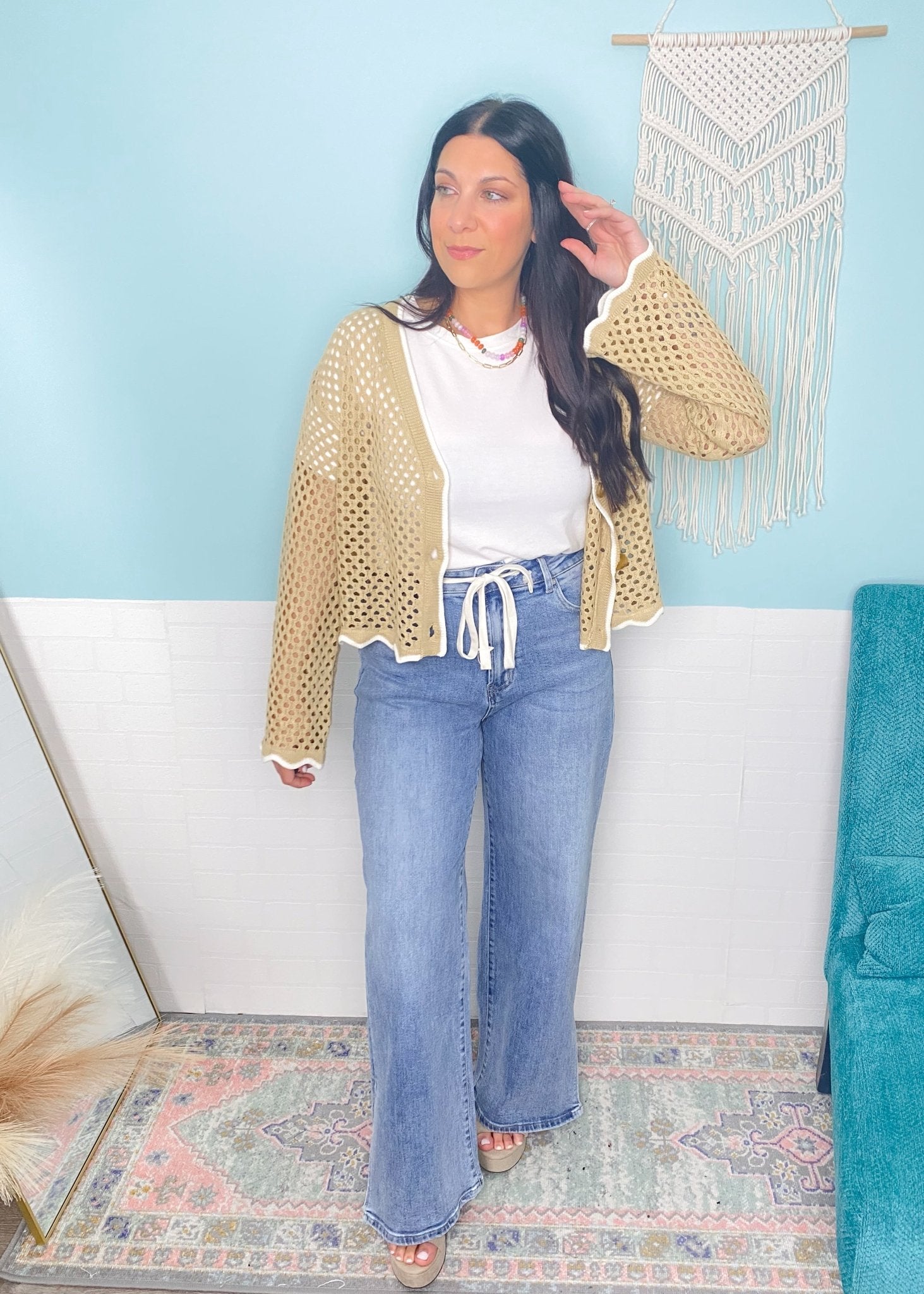 'Through the Looking Glass' Taupe/White Open Knit Semi Cropped Cardigan - Cali Moon Boutique