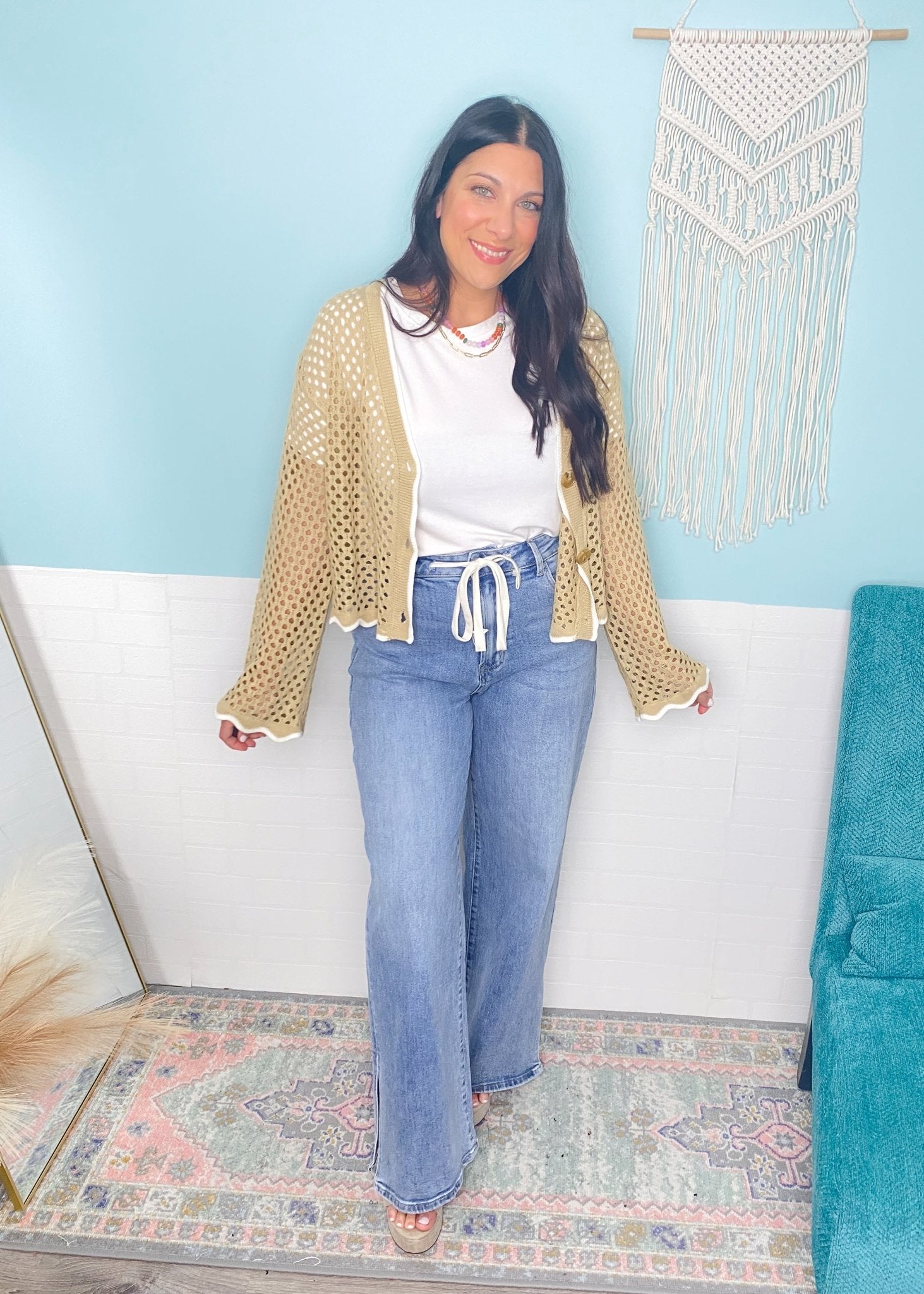 'Through the Looking Glass' Taupe/White Open Knit Semi Cropped Cardigan - Cali Moon Boutique