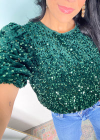 'Nightfall Shimmer' Emerald Velvet + Sequin Puff Sleeve Top