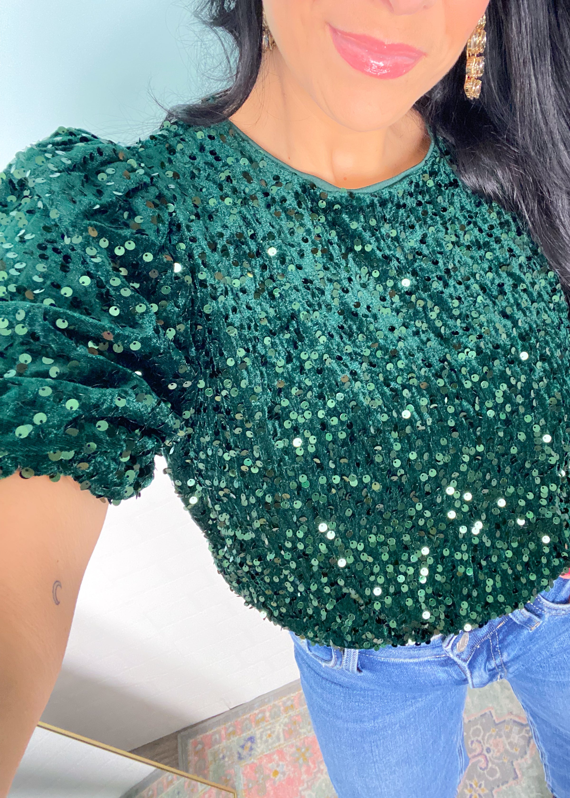 'Nightfall Shimmer' Emerald Velvet + Sequin Puff Sleeve Top
