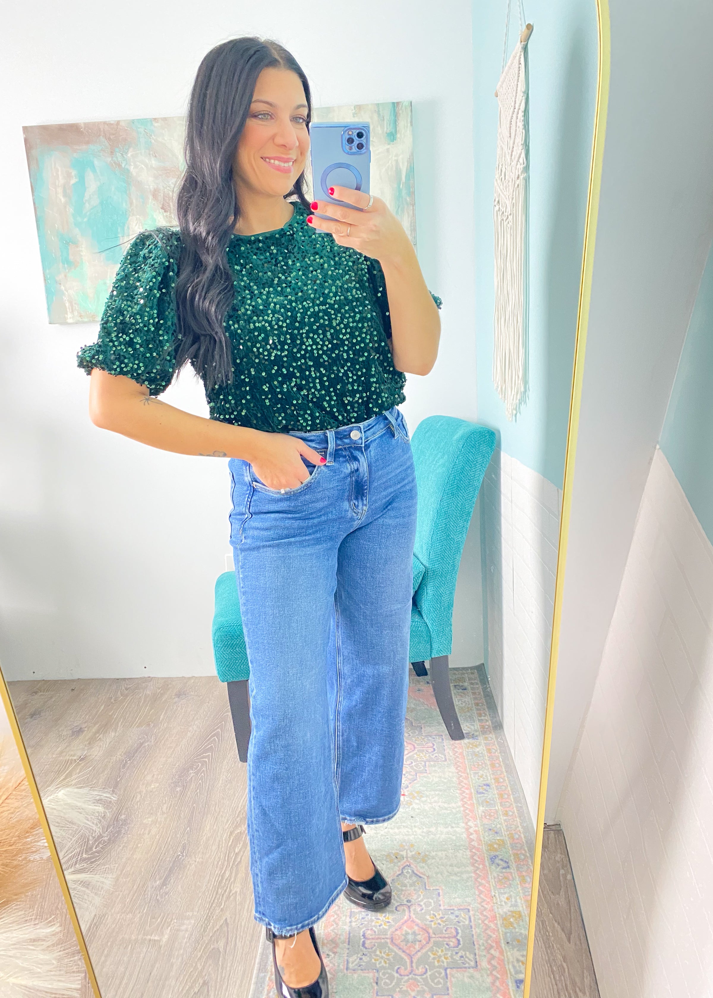 'Nightfall Shimmer' Emerald Velvet + Sequin Puff Sleeve Top