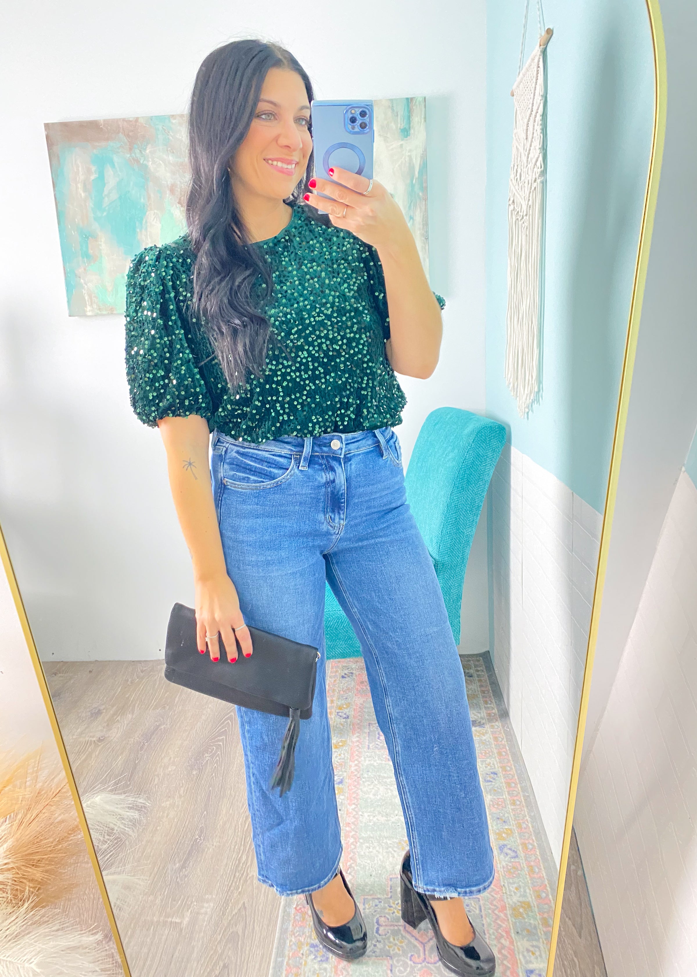 'Nightfall Shimmer' Emerald Velvet + Sequin Puff Sleeve Top