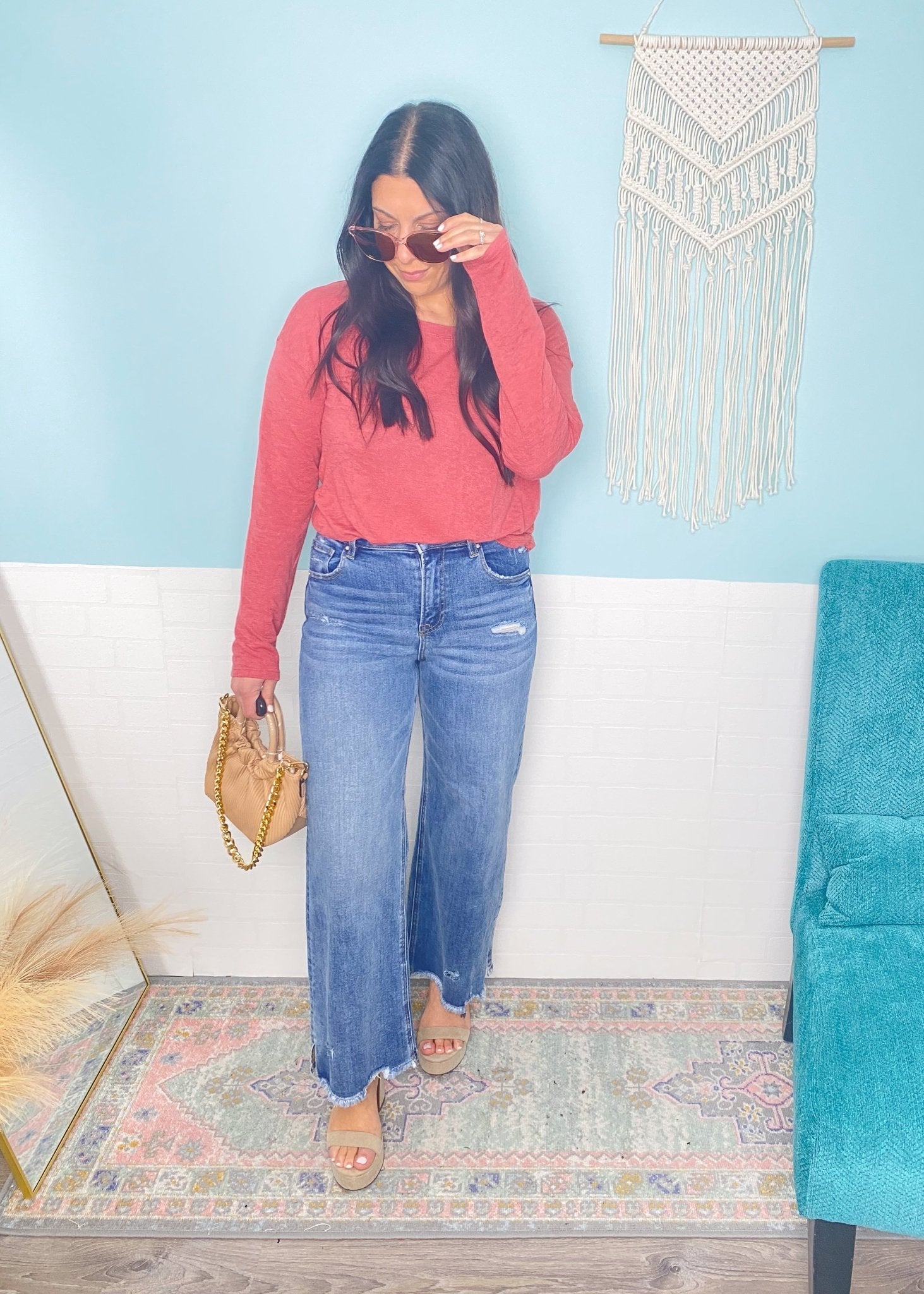 'Trisha' Marsala Round Neck Long Sleeve Slub Soft Tee - Cali Moon Boutique