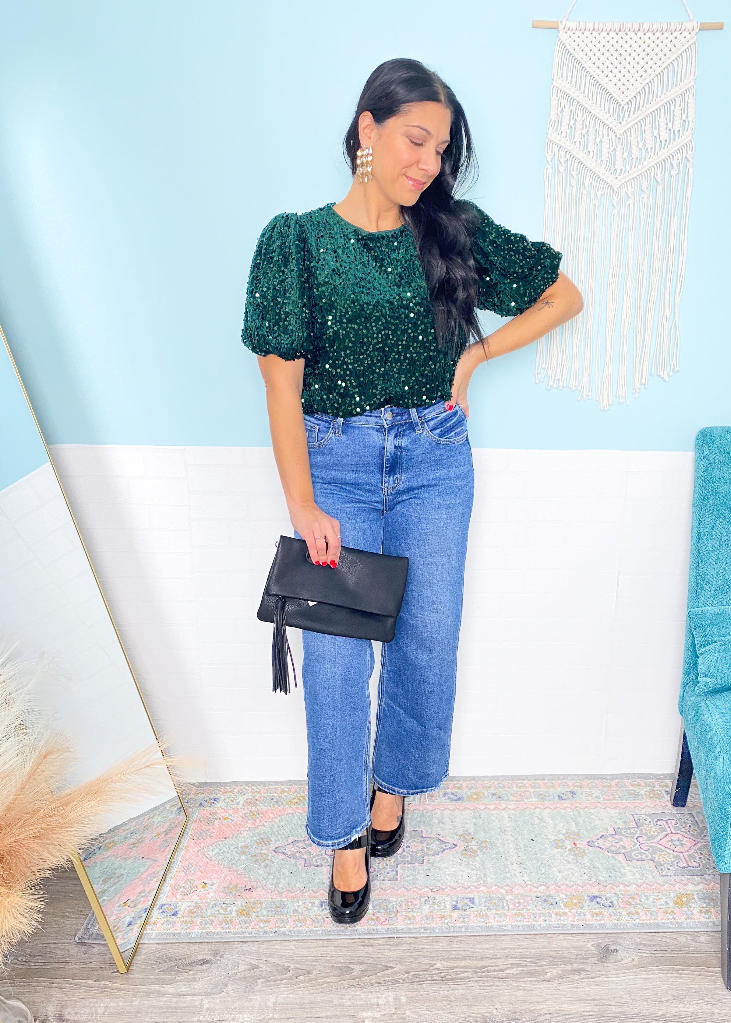 'Nightfall Shimmer' Emerald Velvet + Sequin Puff Sleeve Top