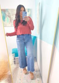 'Trisha' Marsala Round Neck Long Sleeve Slub Soft Tee - Cali Moon Boutique