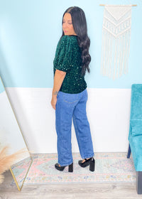 'Nightfall Shimmer' Emerald Velvet + Sequin Puff Sleeve Top