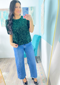 'Nightfall Shimmer' Emerald Velvet + Sequin Puff Sleeve Top