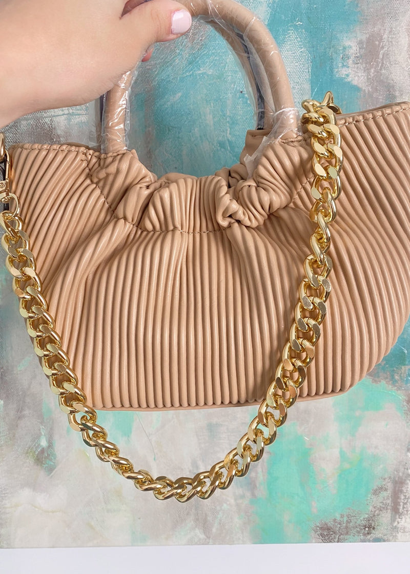 Tan Faux Leather Accordion Mini Bag with Chain Link Strap - Cali Moon Boutique