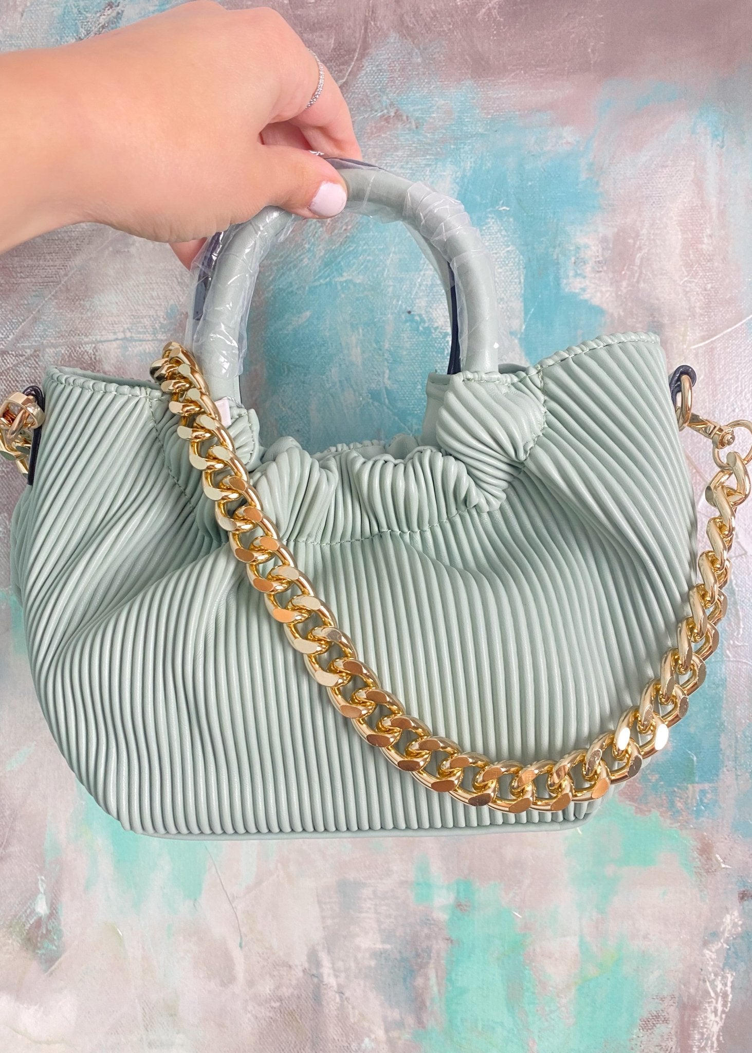 Sage Faux Leather Accordion Mini Bag with Chain Link Strap - Cali Moon Boutique