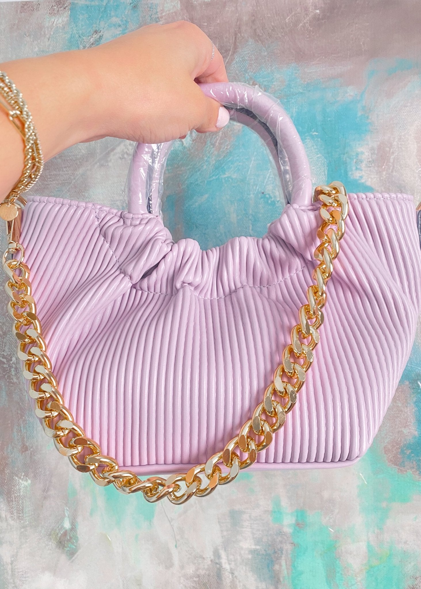 Lavender Faux Leather Accordion Mini Bag with Chain Link Strap - Cali Moon Boutique