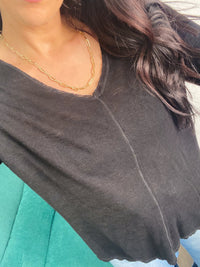 'Kaley' Black V - Neck Long Sleeve Slub Tee - Cali Moon Boutique