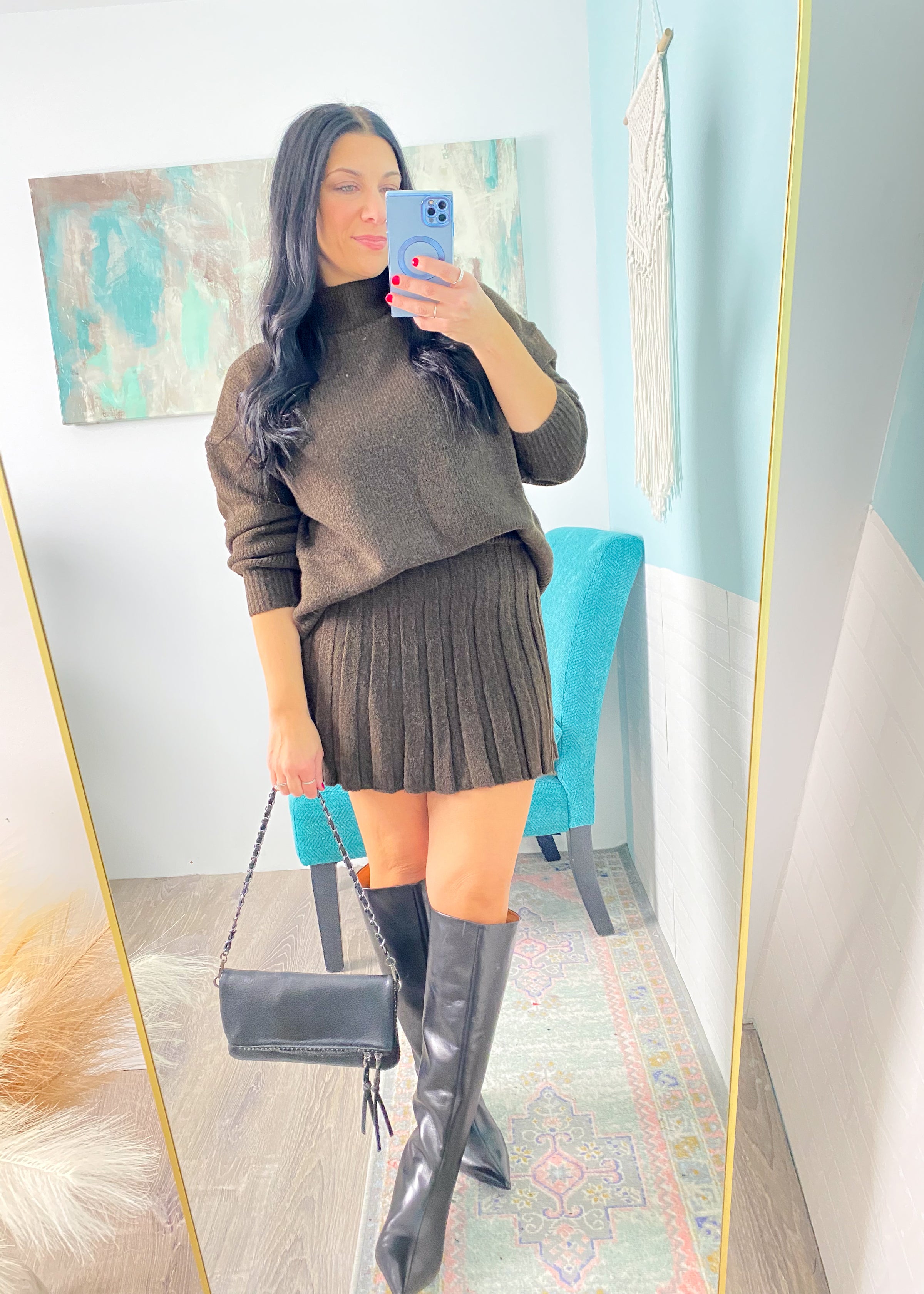 'Mocha Luxe' Dark Brown Sweater + Pleated Skirt Set