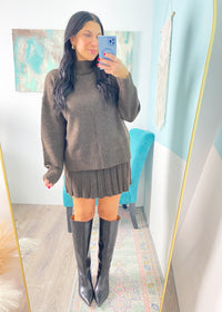 'Mocha Luxe' Dark Brown Sweater + Pleated Skirt Set