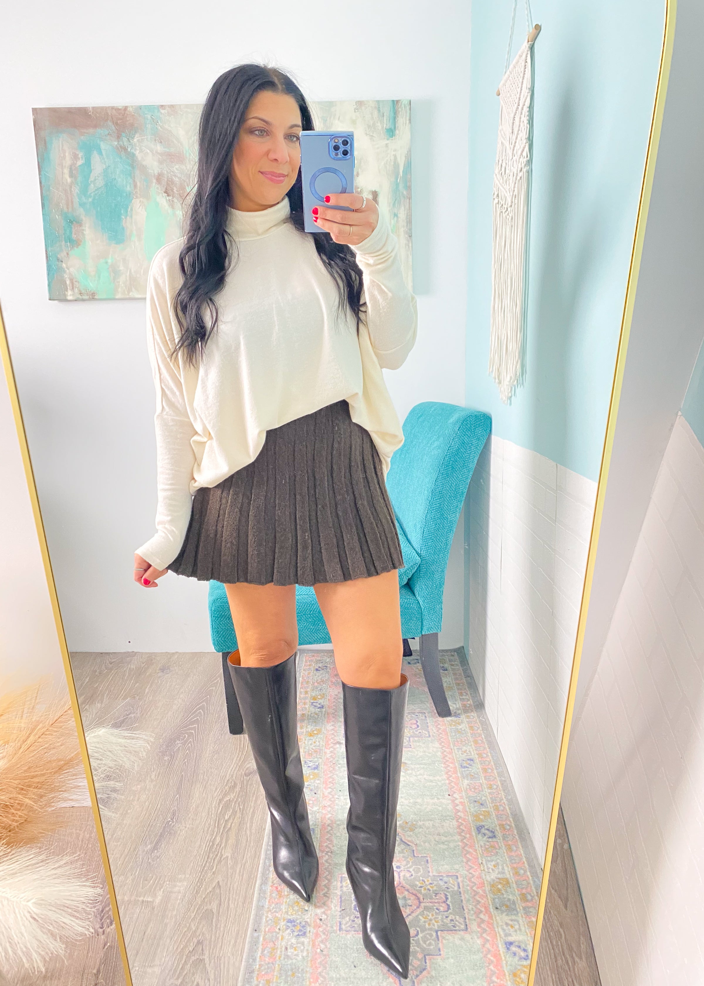 'Mocha Luxe' Dark Brown Sweater + Pleated Skirt Set