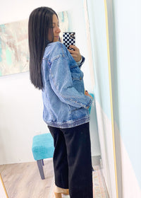 'Johnny' Medium Wash Bomber Style Jean Jacket-Your new favorite&nbsp;everyday sweater&nbsp;has arrived! This adorable&nbsp;melange sweater&nbsp;has a relaxed oversized fit in the softest fabric. Wear over leggings or jeans and wear tucked in or out depending on the look you are going for!-Cali Moon Boutique, Plainville Connecticut