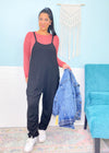 'Weekend Vibes' Black Ribbed Slouchy Knit Jumpsuit-This sweater is as easy as (a fall) pie to throw on and go at any time! The slouchy fit gives you the cozy fall vibes everytime. Wear with leggings, denim, skirts or shorts depending on the occasion!-Cali Moon Boutique, Plainville Connecticut