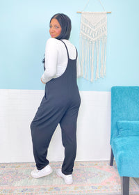 'Weekend Vibes' Black Ribbed Slouchy Knit Jumpsuit-This sweater is as easy as (a fall) pie to throw on and go at any time! The slouchy fit gives you the cozy fall vibes everytime. Wear with leggings, denim, skirts or shorts depending on the occasion!-Cali Moon Boutique, Plainville Connecticut