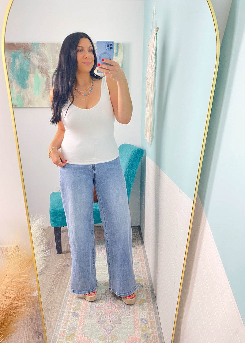 'Victory' Off White Double Layered V - Neck Fitted Tank Top - Cali Moon Boutique