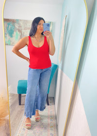 'Victory' Cherry Red Double Layered V - Neck Fitted Tank Top - Cali Moon Boutique