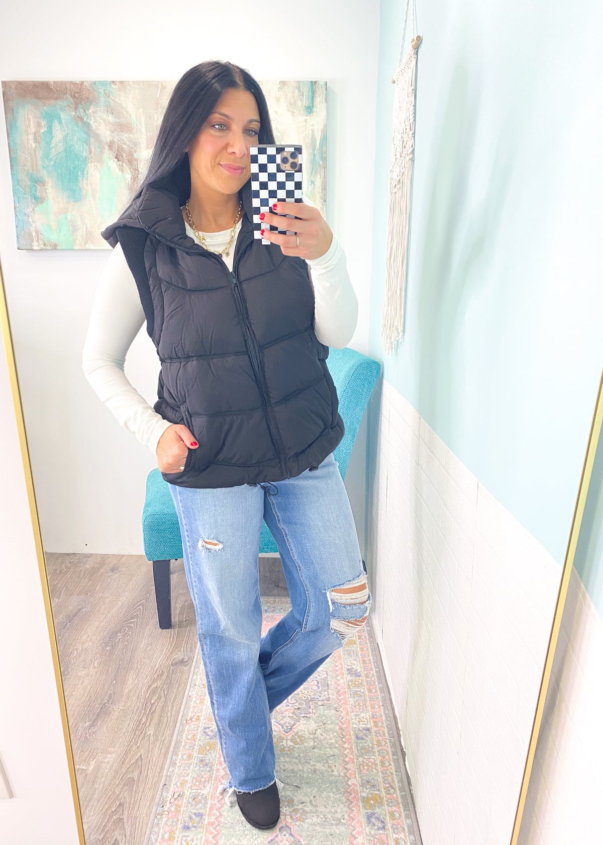 'After Dusk' Black Puffer Vest With Hood-The knit ribbed cap shoulder detail sets this black puffer vest apart from all the others! A soft nylon puffer style with a hood that can be retracted. A Fall/Winter must have!-Cali Moon Boutique, Plainville Connecticut