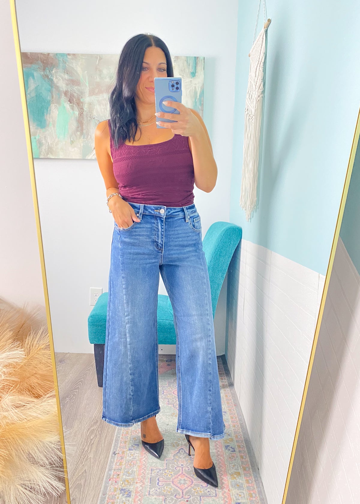 'Sadie' Risen Wide Leg Cropped Step Cut Hem Jeans
