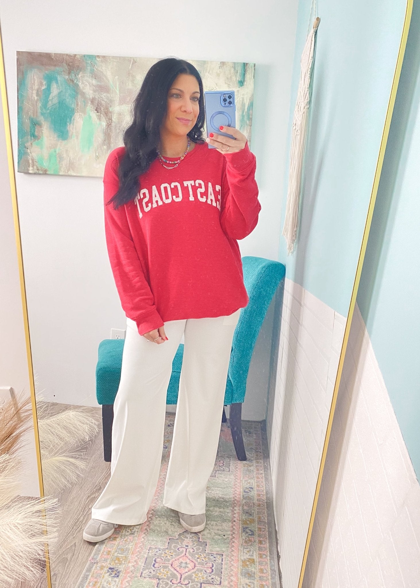 'East Coast' Heather Red Vintage Varsity Ultra Cozy Sweatshirt - Cali Moon Boutique