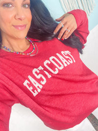'East Coast' Heather Red Vintage Varsity Ultra Cozy Sweatshirt - Cali Moon Boutique