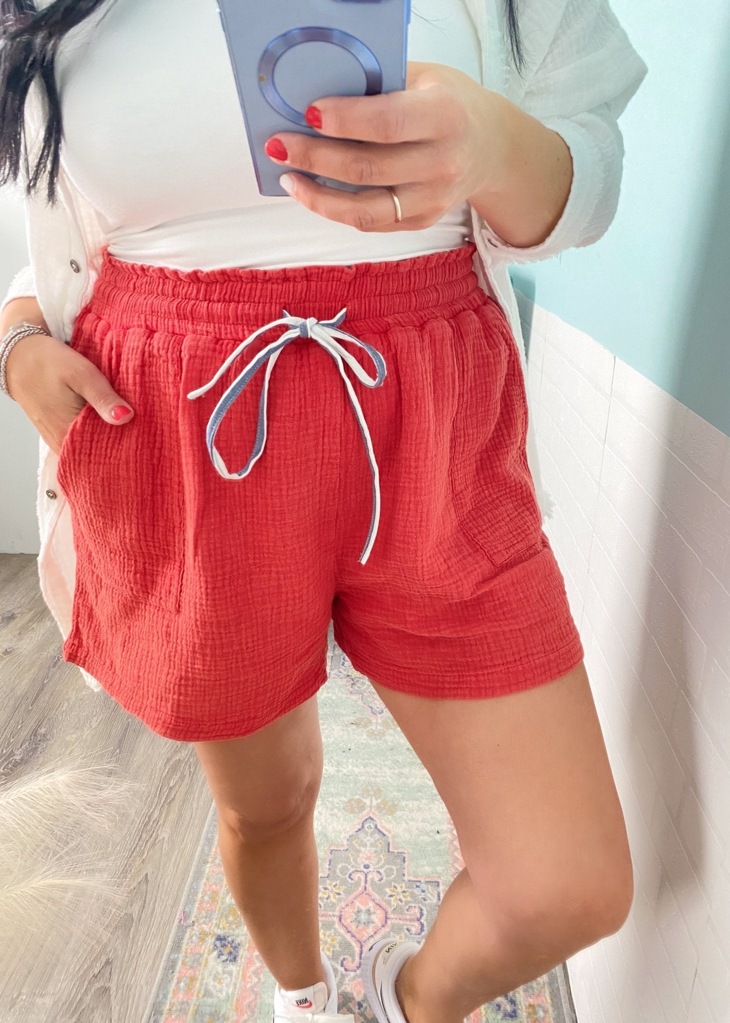 'Firecracker' Red Mineral Washed Gauze Shorts - Cali Moon Boutique