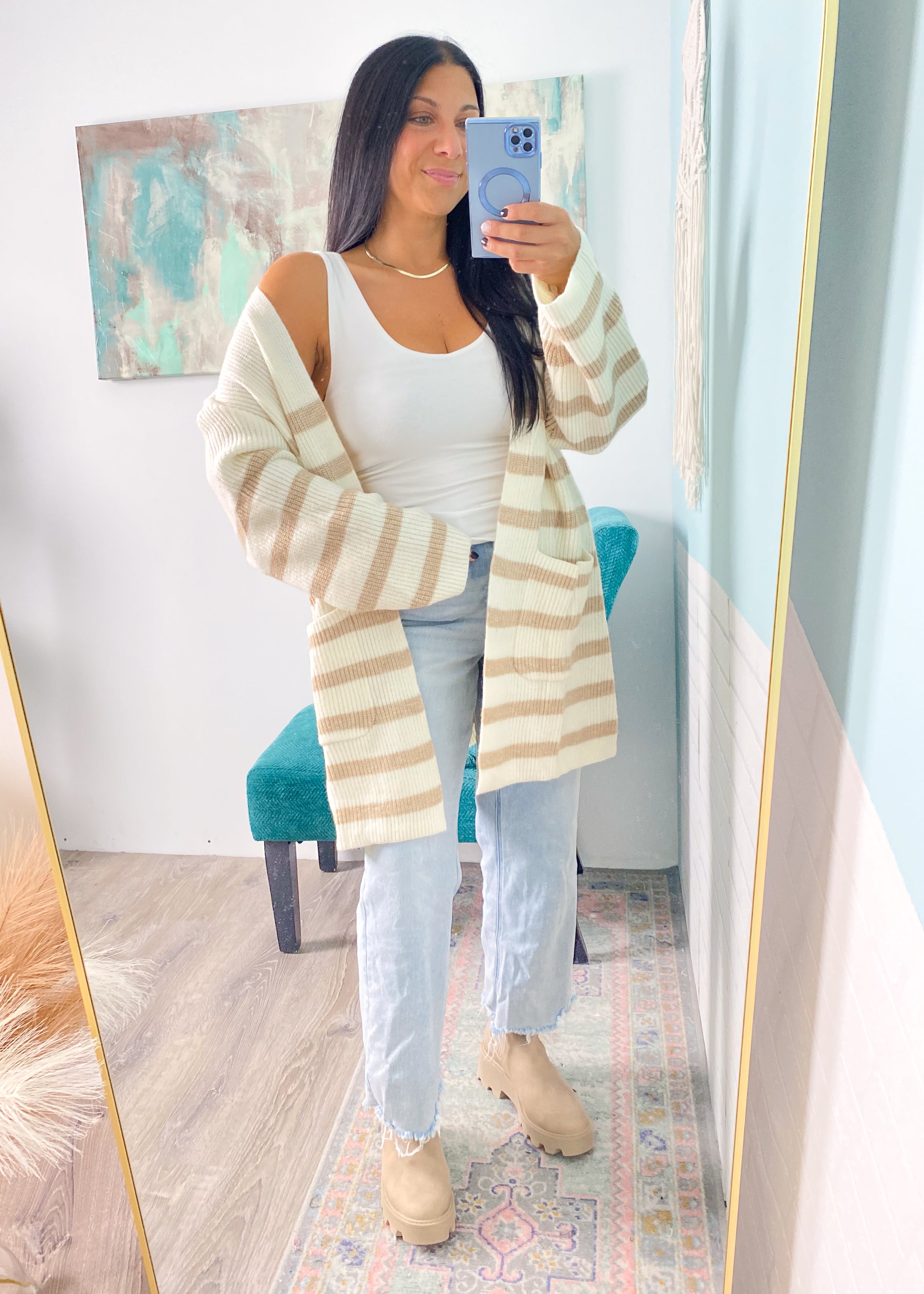  Ivory/Taupe Striped Oversized Cardigan