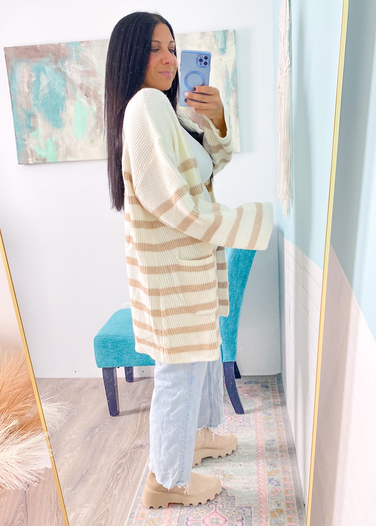  Ivory/Taupe Striped Oversized Cardigan