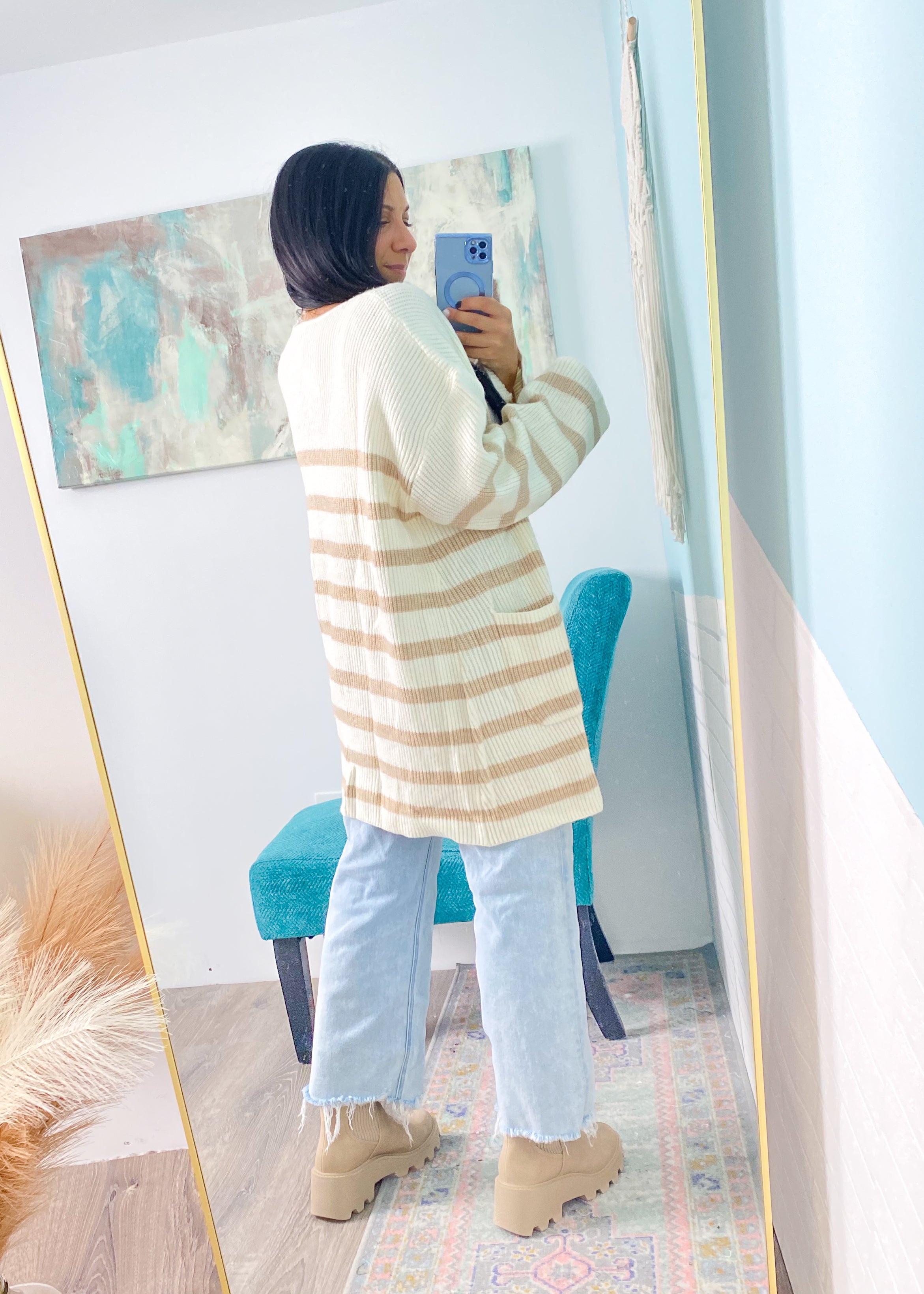  Ivory/Taupe Striped Oversized Cardigan
