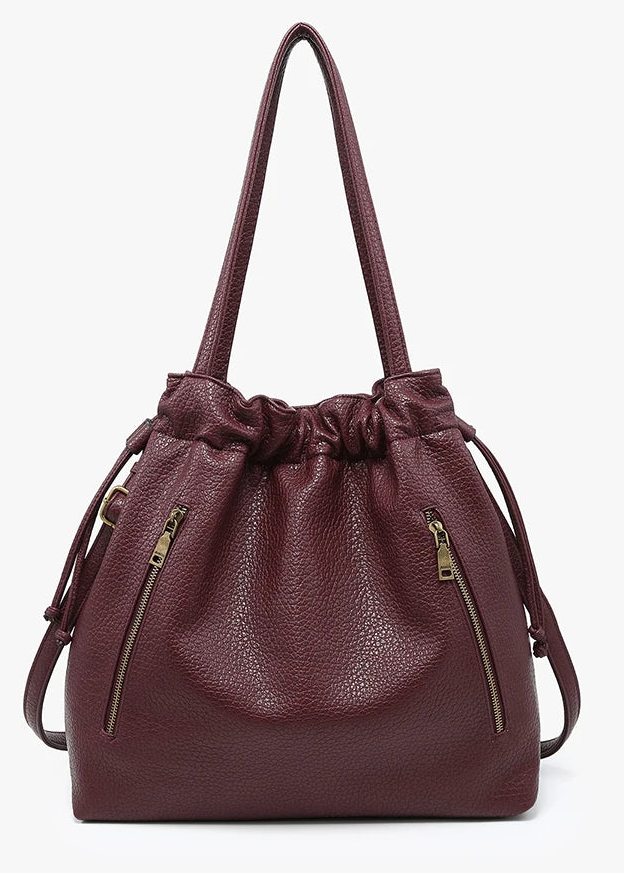 Burgundy Pebble Faux Leather Drawstring Tote
