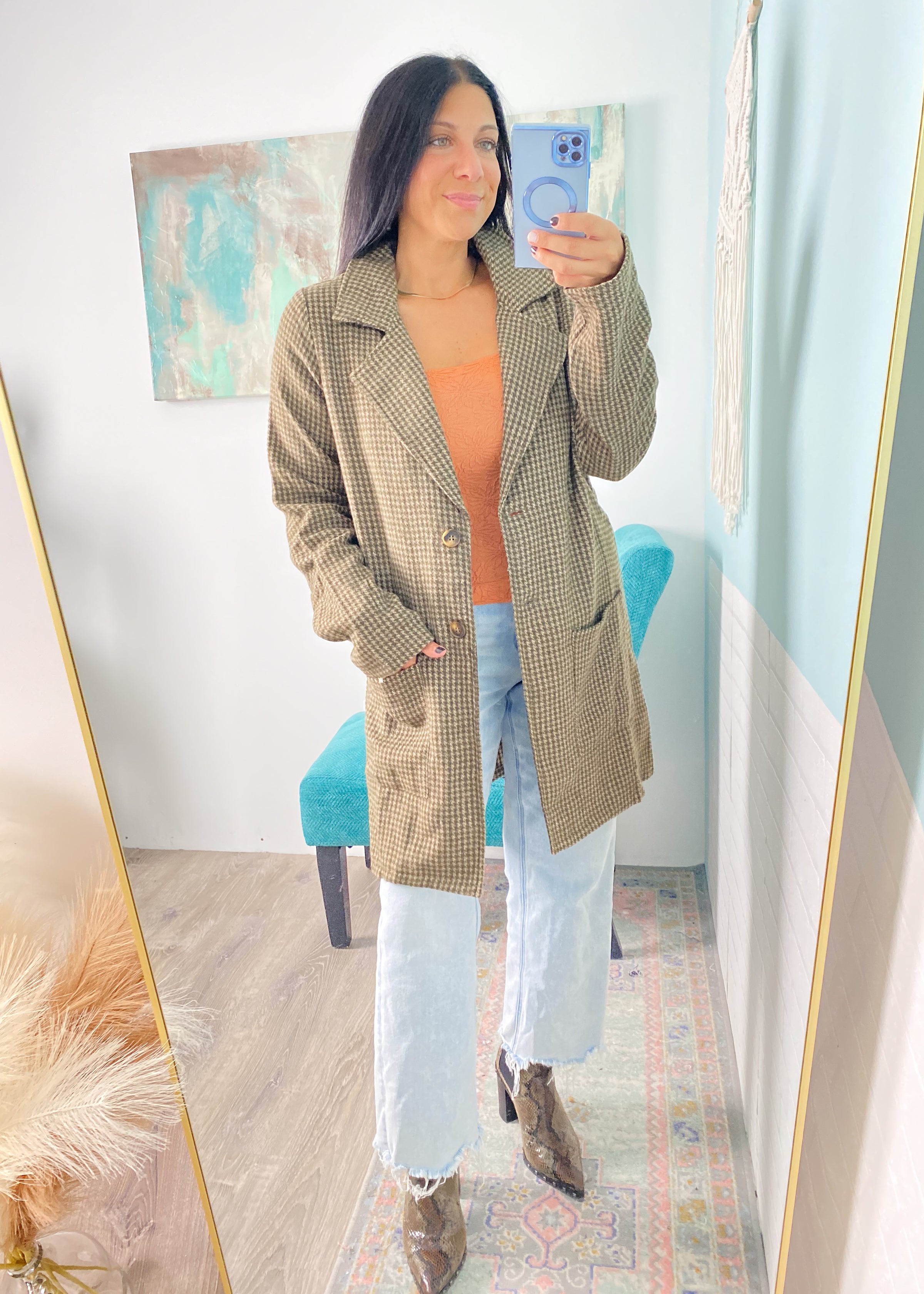 Olive Houndstooth Two-Fer Coat