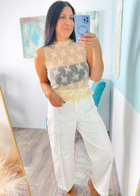 Tan Ruffle Trim Sheer Sleeveless Lace Top