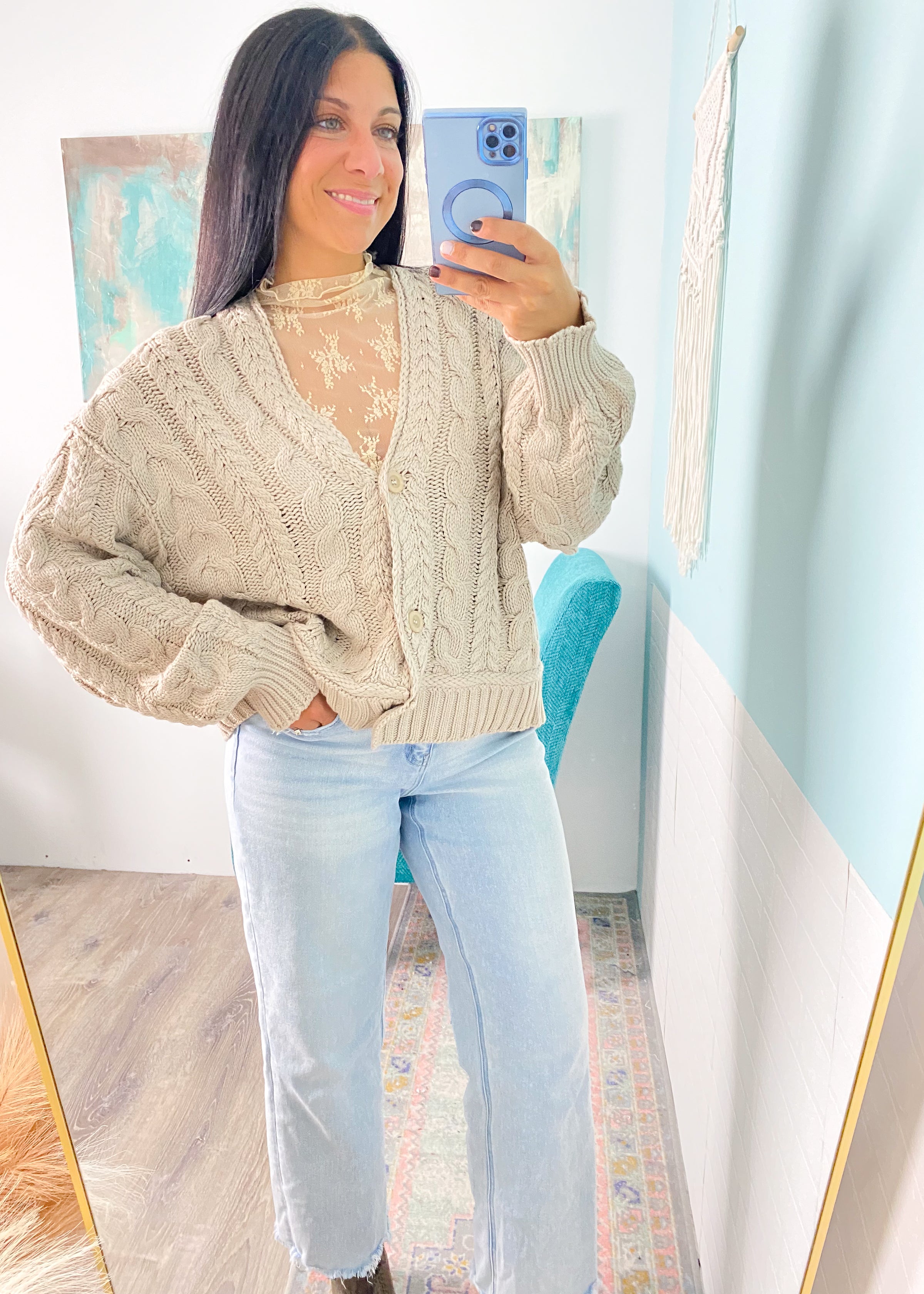 Tan Ruffle Trim Sheer Sleeveless Lace Top