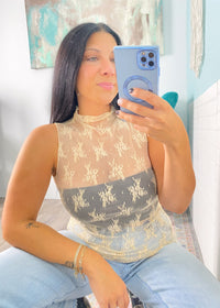 Tan Ruffle Trim Sheer Sleeveless Lace Top