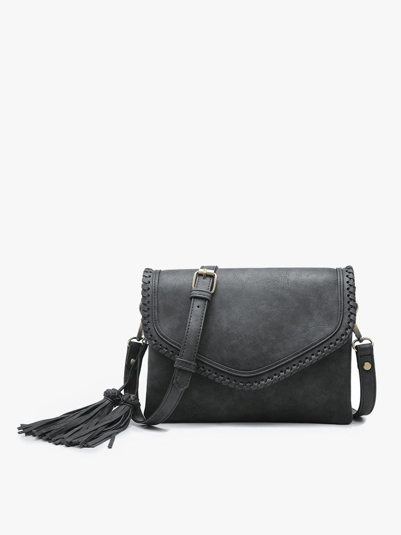 'Sloane' Black Flapover Faux Leather Crossbody with Stitching - Cali Moon Boutique