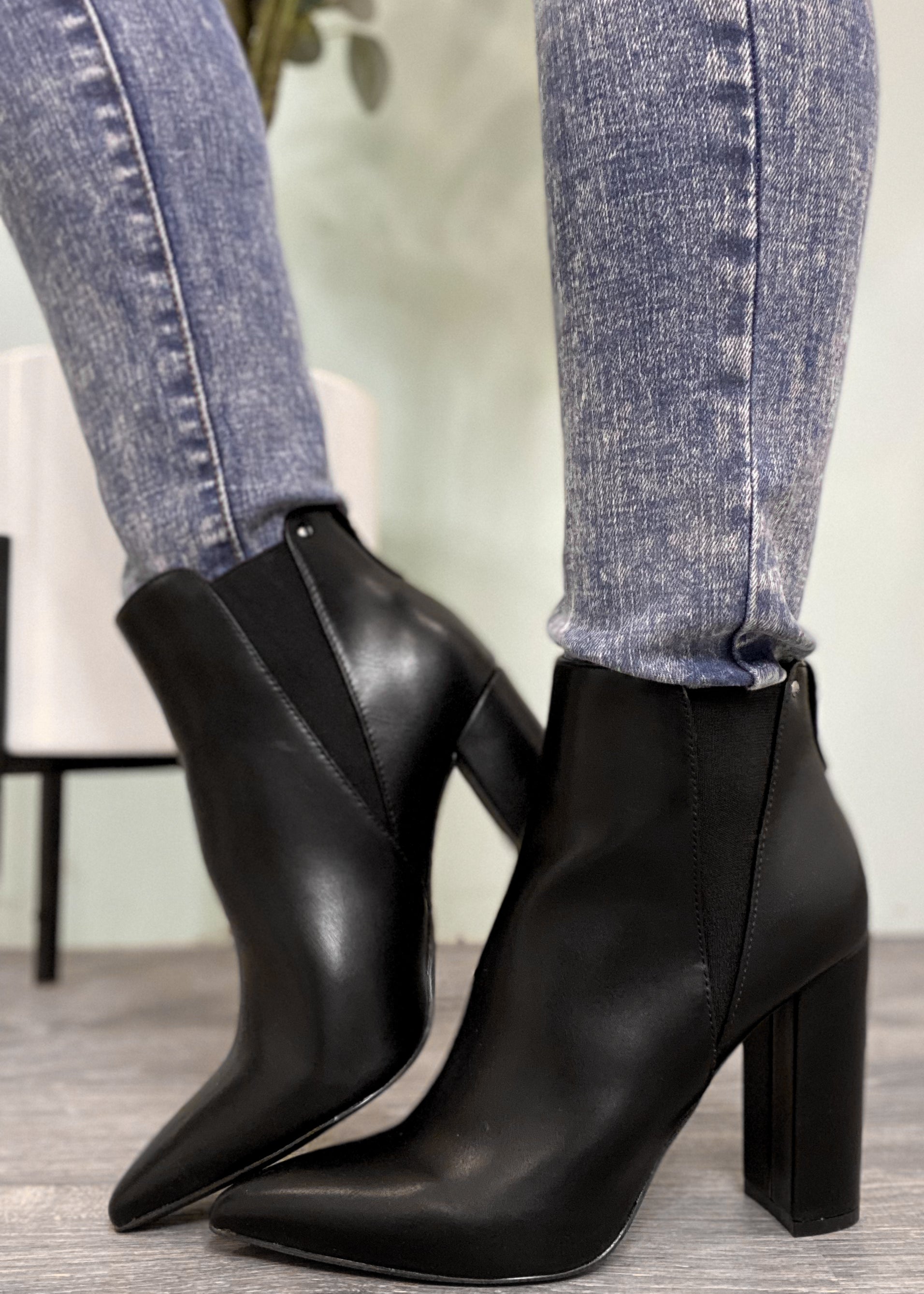 'Witchy' Black Faux Leather Elastic Side Pointy Toe Bootie-Cali Moon Boutique, Plainville Connecticut